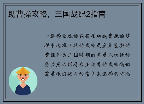 助曹操攻略，三国战纪2指南